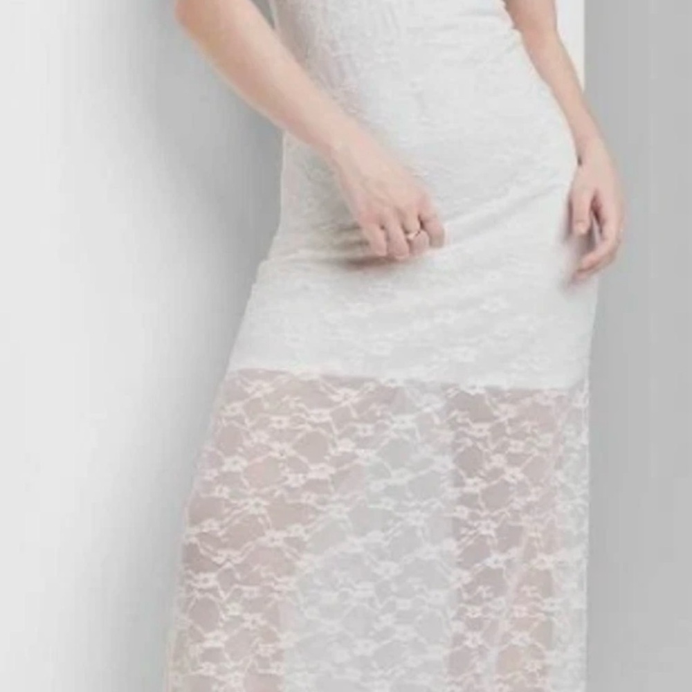 White Lace Maxi Dress overlay short sleeve - Elegant Sheer Skirt white off small